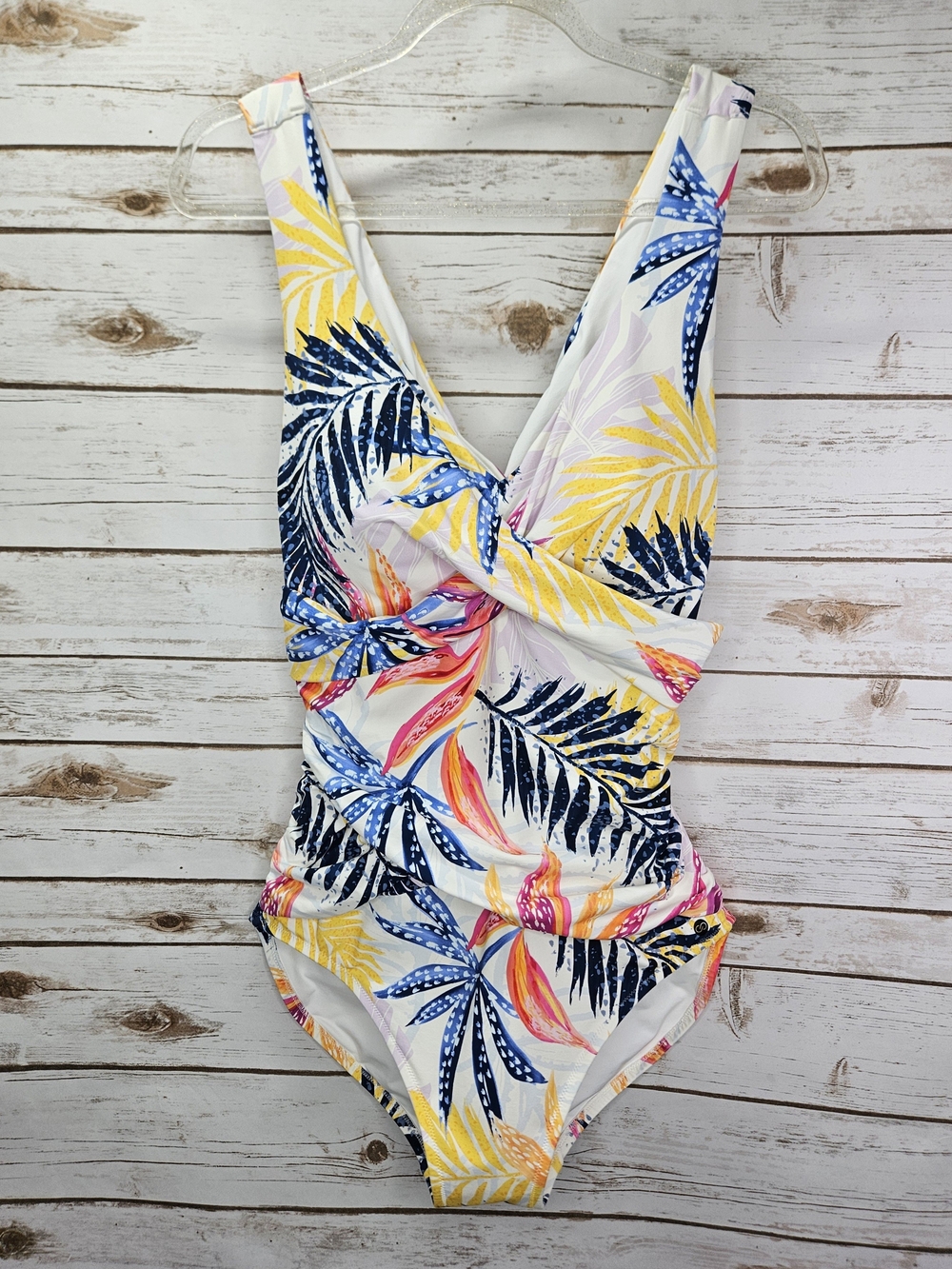 Girls One-Piece Tropical Print Swimsuit in White, Yellow & Blue